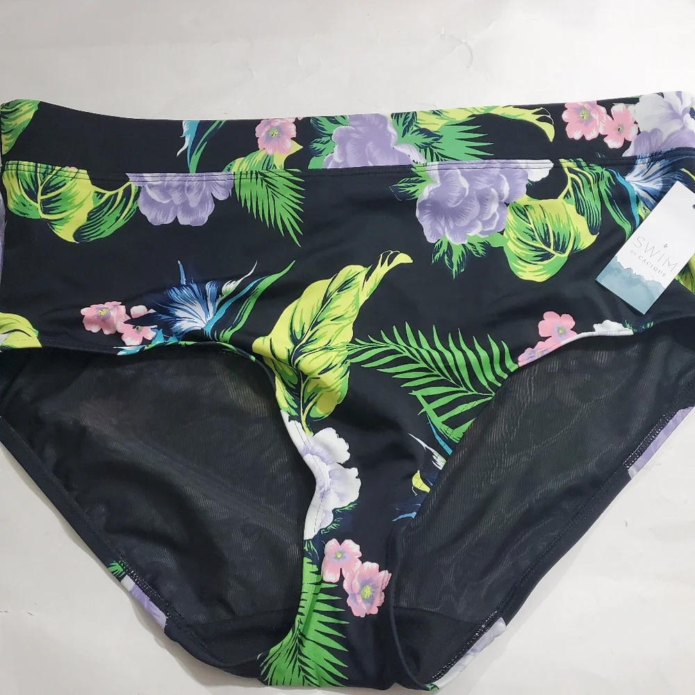 NWT Cacique Two Piece Swimsuit Blouson Tee Bikini Bottom Black Floral Size 18